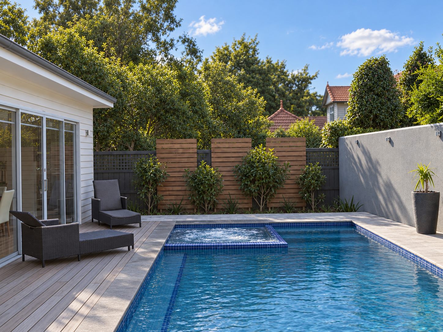 The pool and spa, timber deck and battened screens above the boundary