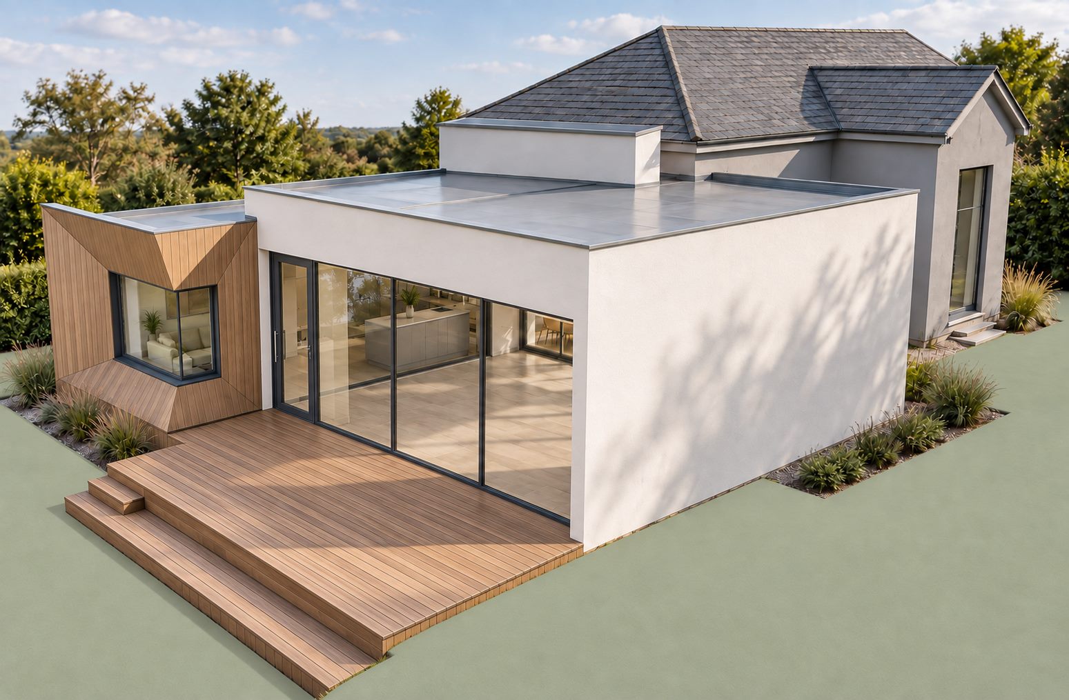 Render of the flat-roofed addition behind the cottage, its roof carried on past the glass line onto a post over the paved outdoor room