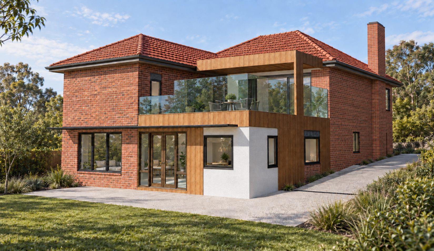 The proposal from the garden: a timber-framed balcony behind frameless glass, set into the red brick of the existing house