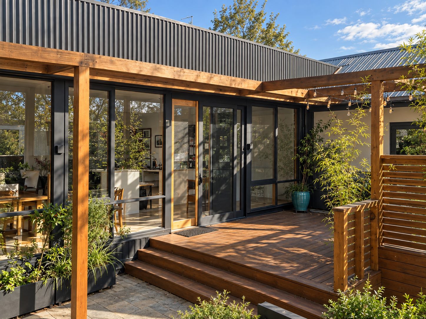 Black corrugated cladding and a hardwood pergola over the deck, late light